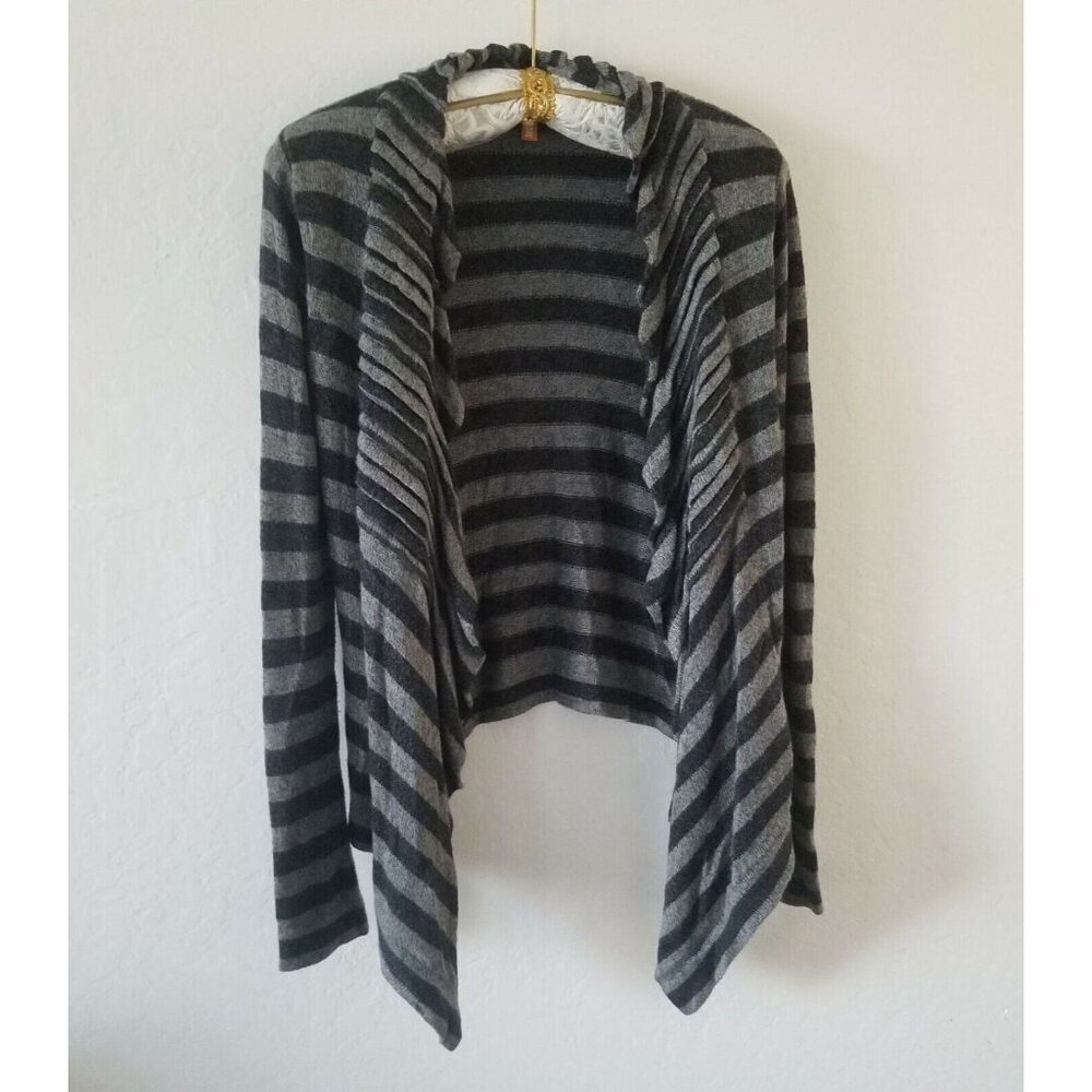 Lucy Sweater Womens Small Gray Black Striped Ruffle Drape Knit Cardigan Casual